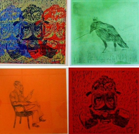 Figurative printmaking titled 'Figures In A Landscape Series 2', 13x14 inches, by artist Durgaprasad Bandi on Wood cut