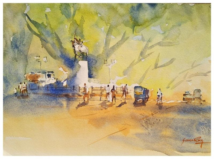 Landscape watercolor painting titled 'Fine morning at JM Road Pune', 14x10 inches, by artist Soven Roy on Handmade Paper