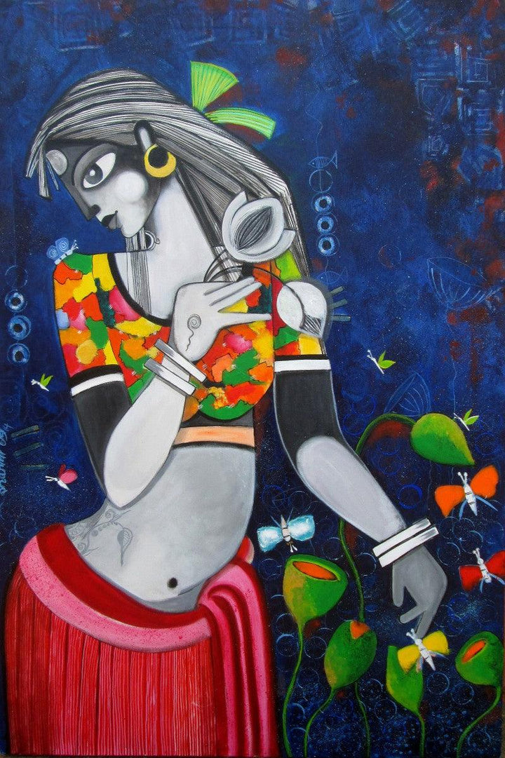 Figurative acrylic painting titled 'FINNA FAIRE', 20x36 inches, by artist Sharmi Dey on Canvas