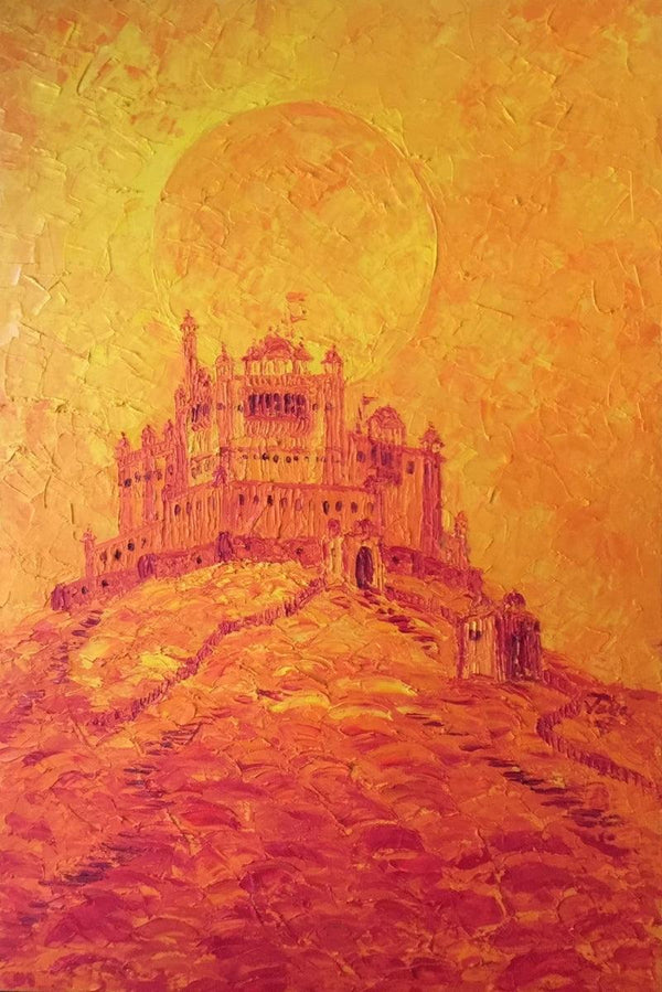 Cityscape oil painting titled 'Fire In The Sky', 30x20 inches, by artist Jaya Javeri on Canvas