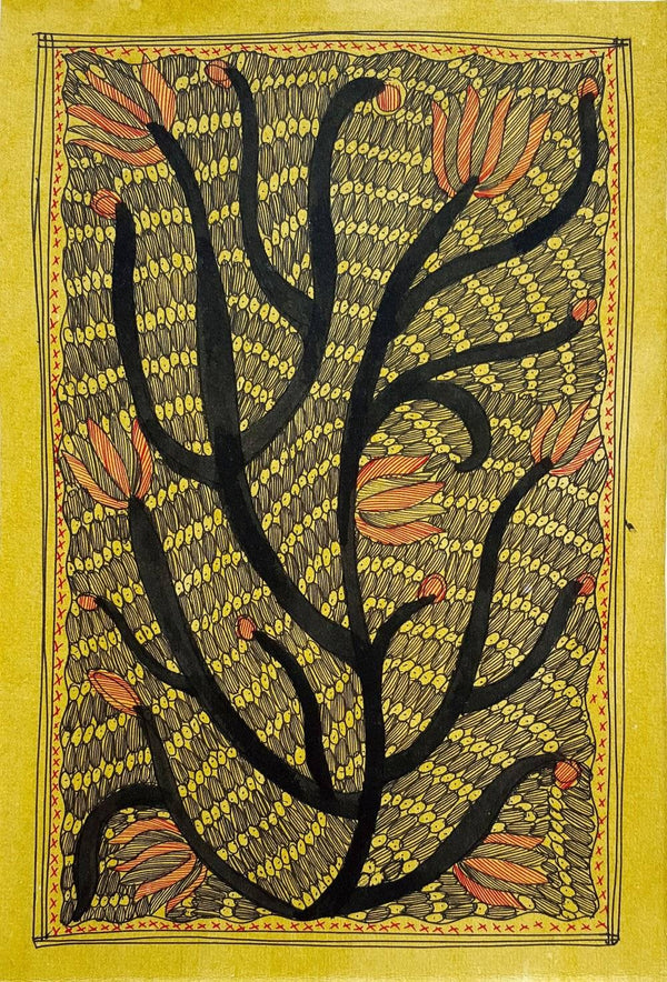 Folk Art madhubani traditional art titled 'Fireflies', 11x8 inches, by artist Asha Devi on Handmade Paper