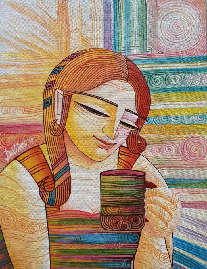 Figurative acrylic painting titled 'First Cuppa', 12x16 inches, by artist DEVIRANI DASGUPTA on Canvas