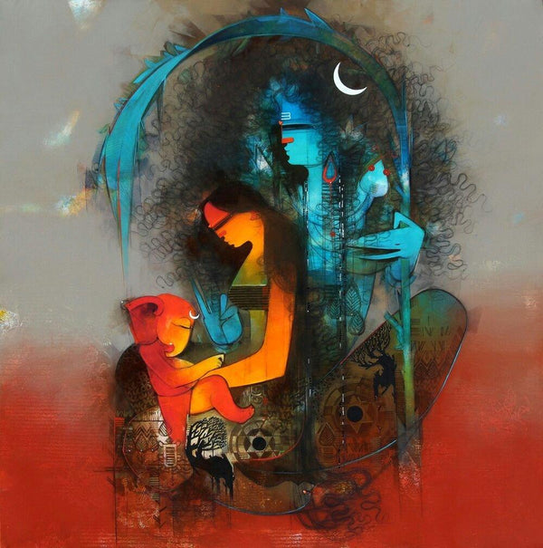 Figurative mixed media painting titled 'First Family 2', 48x48 inches, by artist Amol Pawar on canvas