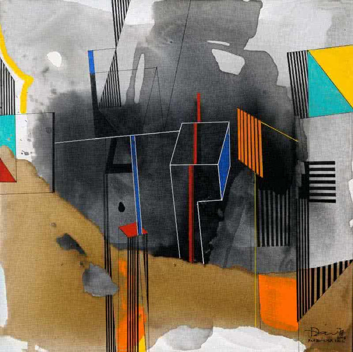 Abstract acrylic painting titled 'First In Grey And Orange', 24x24 inches, by artist Prabhinder Lall on Canvas