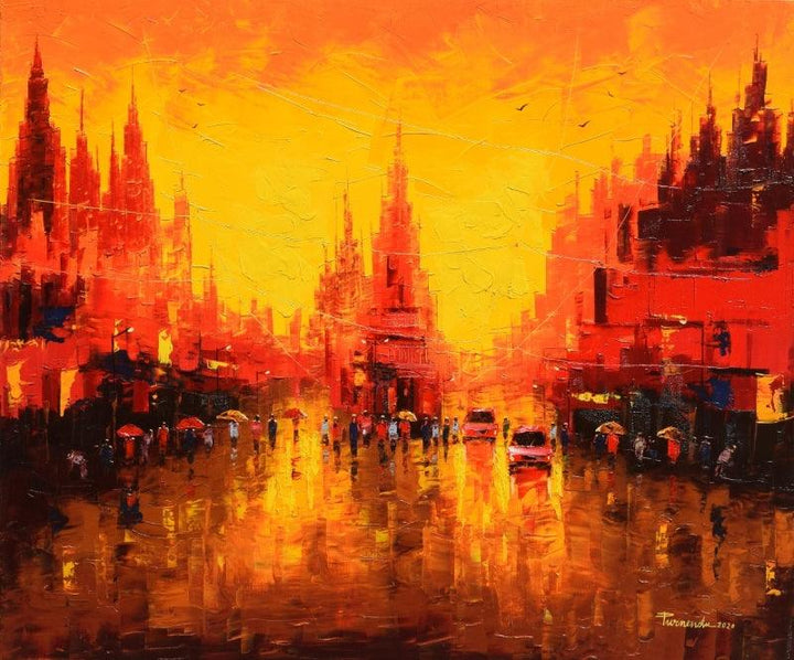 Cityscape oil painting titled 'First Light 2', 30x36 inches, by artist Purnendu Mandal on Canvas