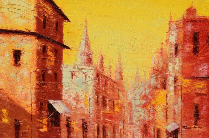 Cityscape oil painting titled 'First Light 3', 24x36 inches, by artist Purnendu Mandal on Canvas