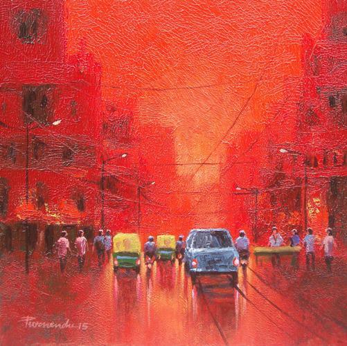 Cityscape acrylic painting titled 'First Light', 12x12 inches, by artist Purnendu Mandal on Canvas