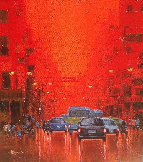 Cityscape acrylic painting titled 'First Light II', 18x16 inches, by artist Purnendu Mandal on Canvas