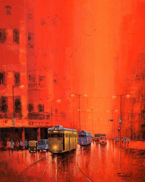 Cityscape acrylic painting titled 'First Light III', 24x30 inches, by artist Purnendu Mandal on Canvas