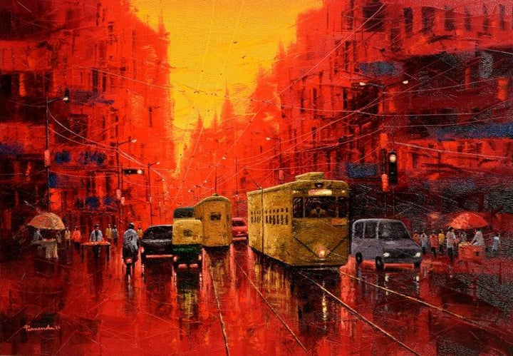 Cityscape oil painting titled 'First Light In Kolkata', 42x60 inches, by artist Purnendu Mandal on Canvas