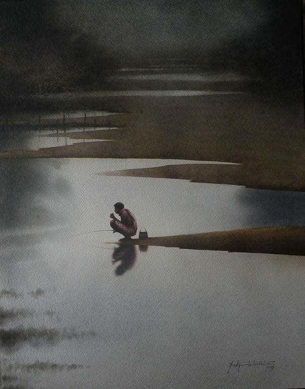 Figurative watercolor painting titled 'First Morning', 22x18 inches, by artist Sudipta Karmakar on Paper