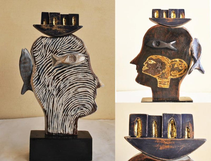 Figurative sculpture titled 'First Person', 14x9x3 inches, by artist Renu Bala on Wood, Brass