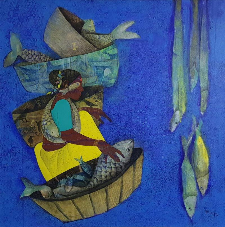 Figurative acrylic painting titled 'Fisher Women 2', 36x36 inches, by artist Pooja Shelke on Canvas