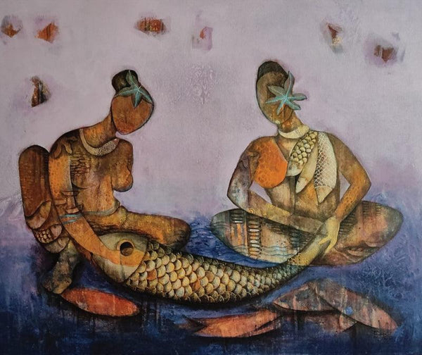 Figurative acrylic painting titled 'Fisher Women', 30x36 inches, by artist Pooja Shelke on Canvas