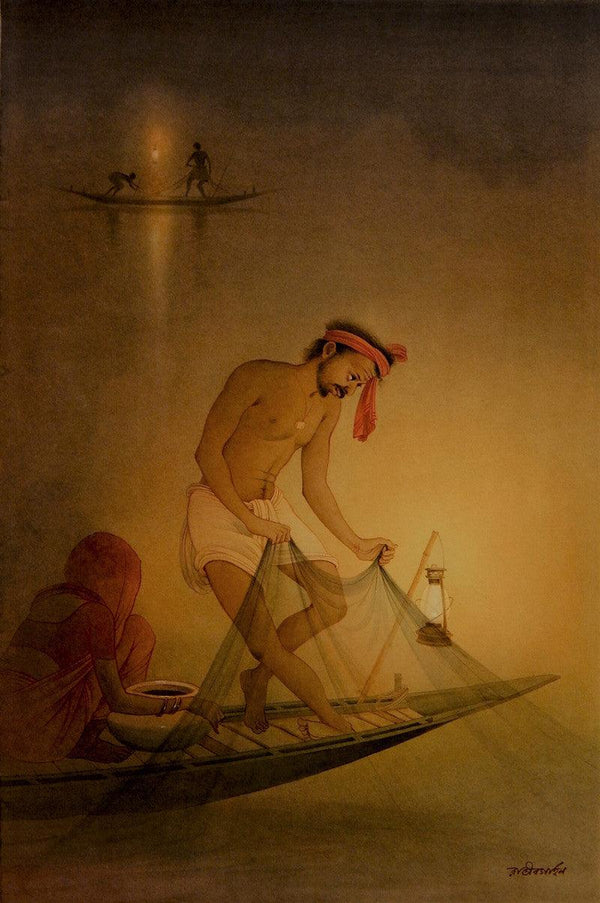 Figurative watercolor painting titled 'Fisherman 1', 22x15 inches, by artist Rajib Gain on Paper