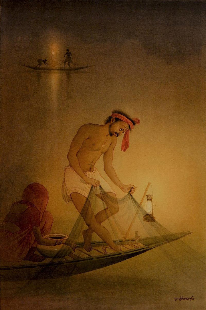 Figurative watercolor painting titled 'Fisherman 1', 22x15 inches, by artist Rajib Gain on Paper