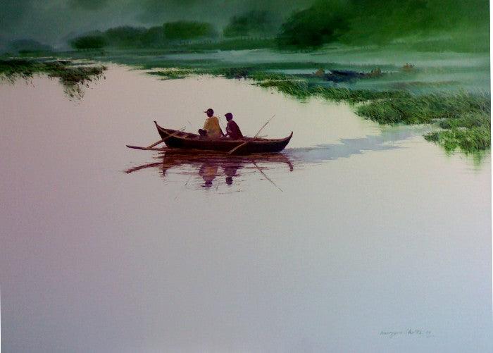 Seascape oil painting titled 'Fishermen in Boat', 36x48 inches, by artist Narayan Shelke on Canvas