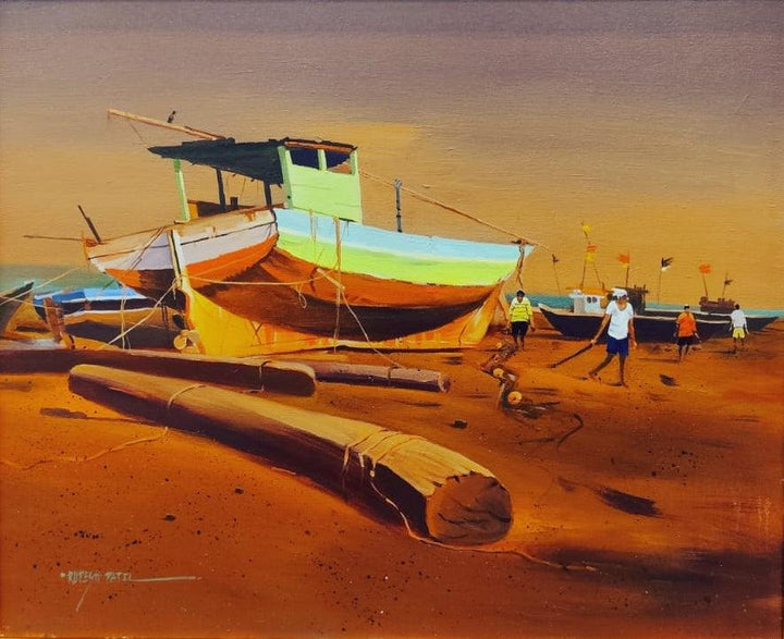 Seascape acrylic painting titled 'Fishermen Life', 36x48 inches, by artist Rupesh Patil on Canvas