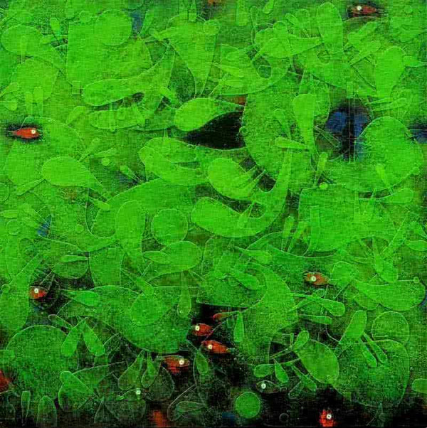 Animals acrylic painting titled 'Fishes In The Pond', 48x48 inches, by artist Basuki Dasgupta on Canvas