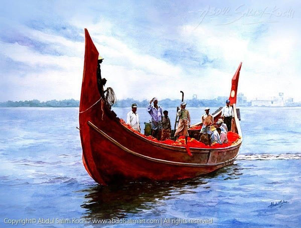 Seascape watercolor painting titled 'Fishing', 15x22 inches, by artist Abdul Salim on Paper