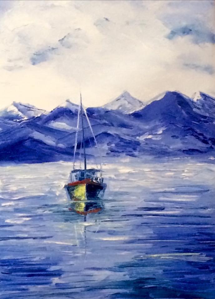 Seascape oil painting titled 'Fishing Boat', 20x13 inches, by artist Kiran Bableshwar on Canvas