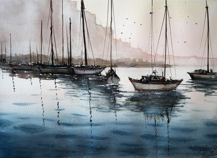 Seascape watercolor painting titled 'Fishing Boats', 12x16 inches, by artist Arunava Ray on Paper