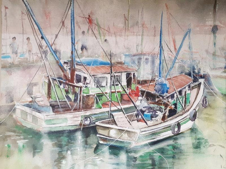 Landscape watercolor painting titled 'Fishing harbor Chapora Goa', 16x12 inches, by artist Mrutyunjaya Dash on Paper