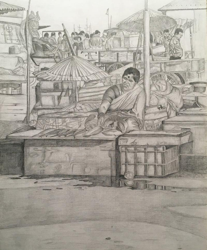 Figurative pencil drawing titled 'Fishing Harbour 3', 15x12 inches, by artist Shiva Prasad Reddy on Paper