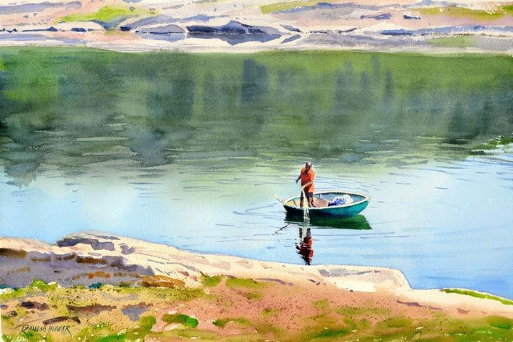 Landscape watercolor painting titled 'Fishing In The Cauvery', 14x21 inches, by artist Ramesh Jhawar on Paper