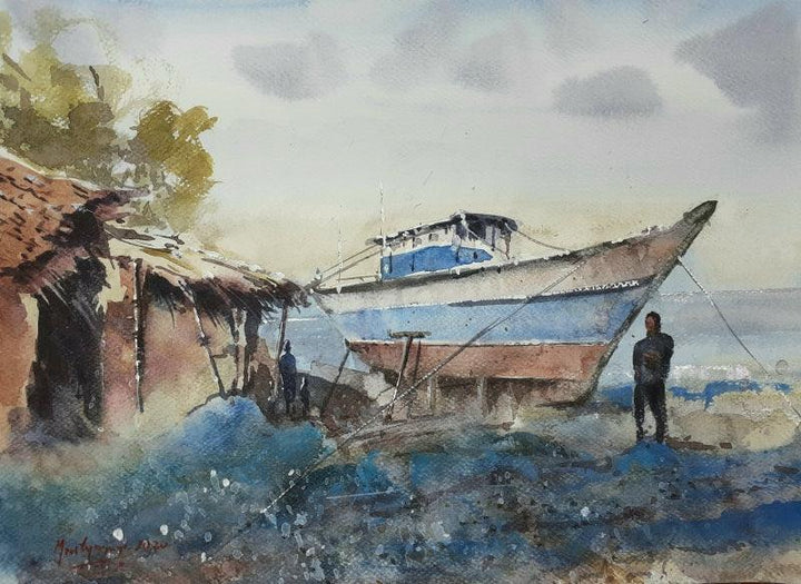 Landscape watercolor painting titled 'Fishing village in Goa', 16x12 inches, by artist Mrutyunjaya Dash on Paper