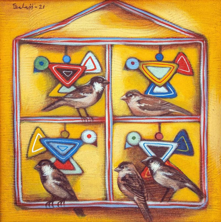 Animals acrylic painting titled 'Five Sparrows', 15x15 inches, by artist Balaji Ubale on Canvas