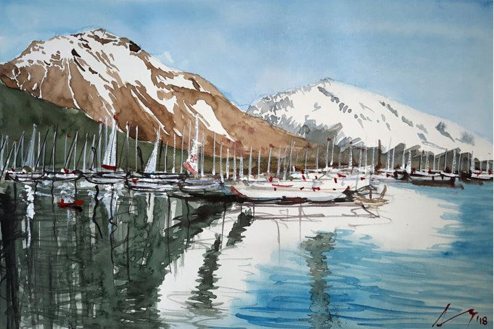 Cityscape watercolor painting titled 'Fjords Of Alaska', 8x11 inches, by artist Arunava Ray on Paper