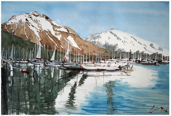 Cityscape watercolor painting titled 'Fjords Of Alaska The Usa', 7x11 inches, by artist Arunava Ray on Paper