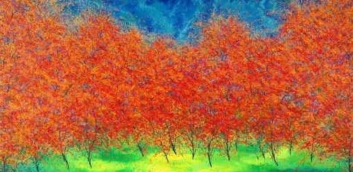 Nature oil painting titled 'Flame Of The Forest', 36x72 inches, by artist Pardeep Singh on Canvas