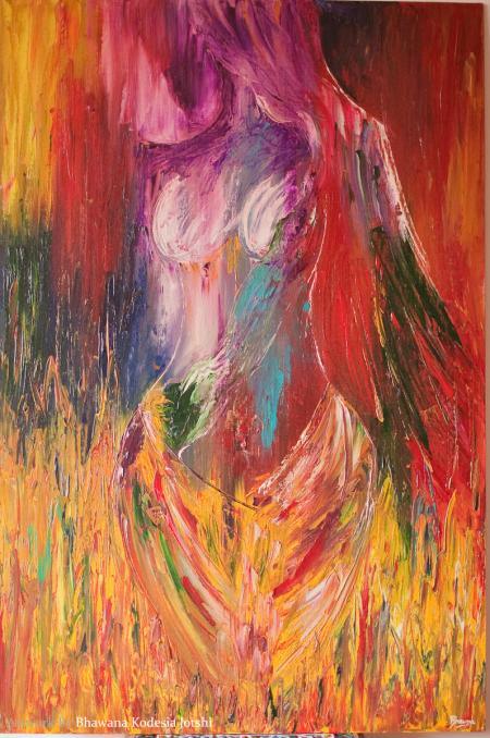 Impressionist oil painting titled 'Flames Her Endless Passion And Desire', 33x27 inches, by artist Bhawna Jotshi on Canvas