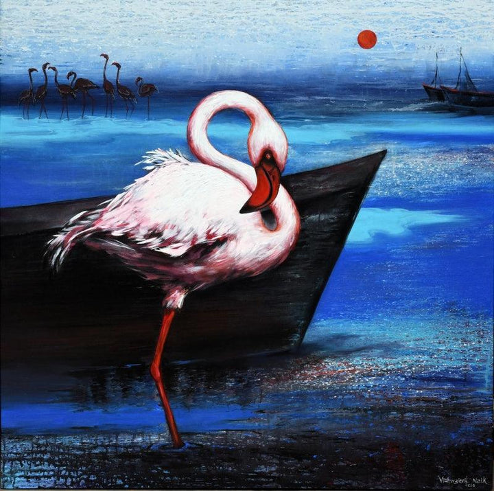 Animals acrylic painting titled 'Flamingo 6', 36x36 inches, by artist Vishwajeet Naik on Canvas