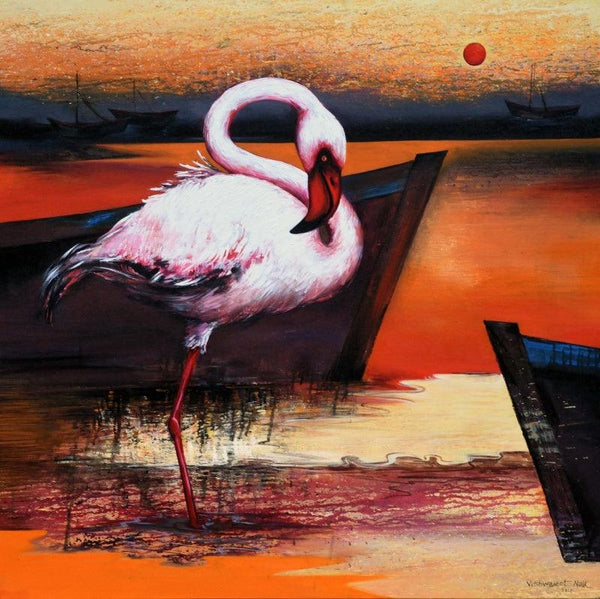 Animals acrylic painting titled 'Flamingo 7', 36x36 inches, by artist Vishwajeet Naik on Canvas