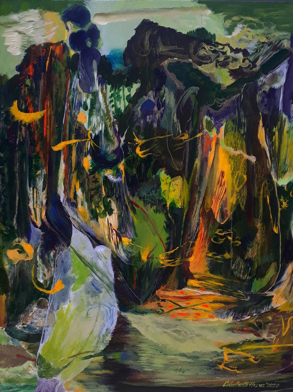 Abstract acrylic painting titled 'Flickering Through The Woods', 48x36 inches, by artist Debabrata Hazra on Canvas