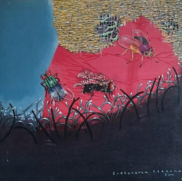 Animals acrylic painting titled 'Flies', 24x24 inches, by artist Sudhakaran Edakandy on Canvas