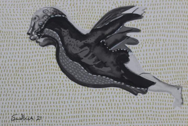 Figurative mixed media painting titled 'Flight 4', 4x6 inches, by artist Sudhir Shukla on Paper