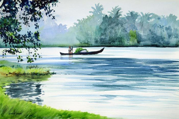 Seascape watercolor painting titled 'Floating Along The Backwaters', 14x21 inches, by artist Ramesh Jhawar on Paper