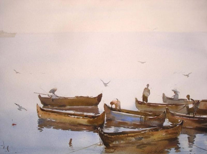 Seascape watercolor painting titled 'Floating', 11x15 inches, by artist Vijay Jadhav on Paper