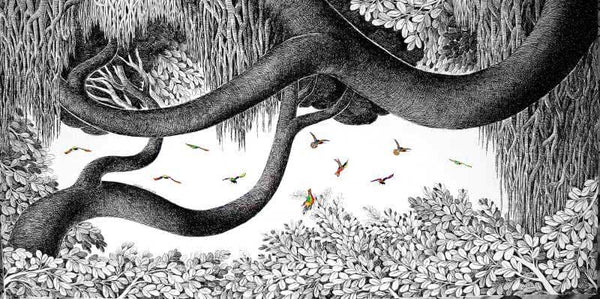 Nature ink drawing titled 'Floating Branches', 24x48 inches, by artist Umakant Kanade on Canvas