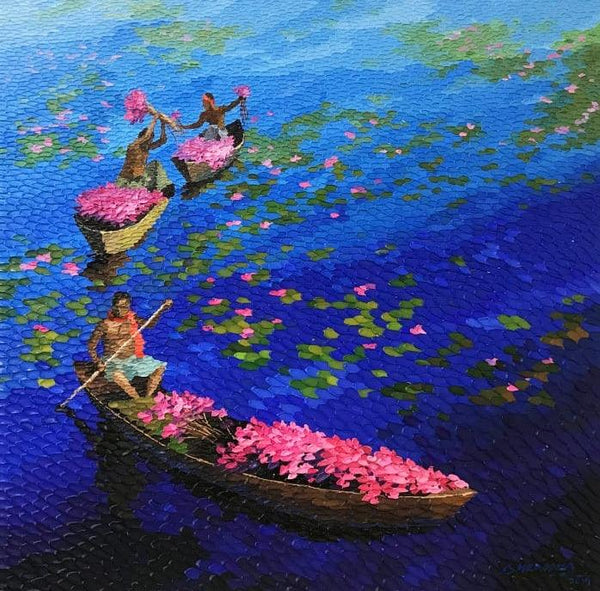 Seascape acrylic painting titled 'Floating Flowers On Blue', 36x36 inches, by artist Shraddha More on Canvas