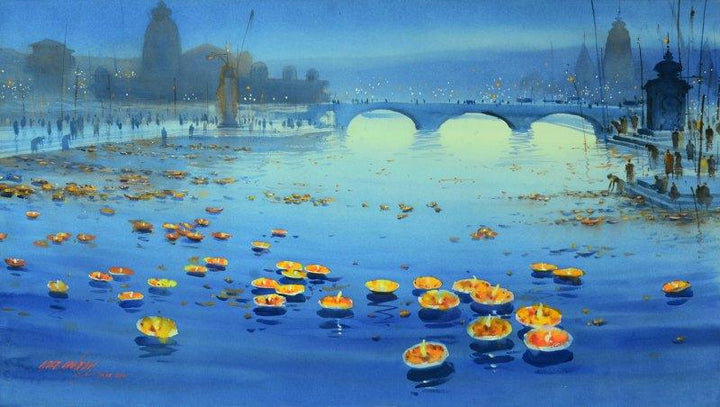 Nature watercolor painting titled 'Floating Lamps in Banaras Ganga', 22x45 inches, by artist Ganesh Hire on Paper