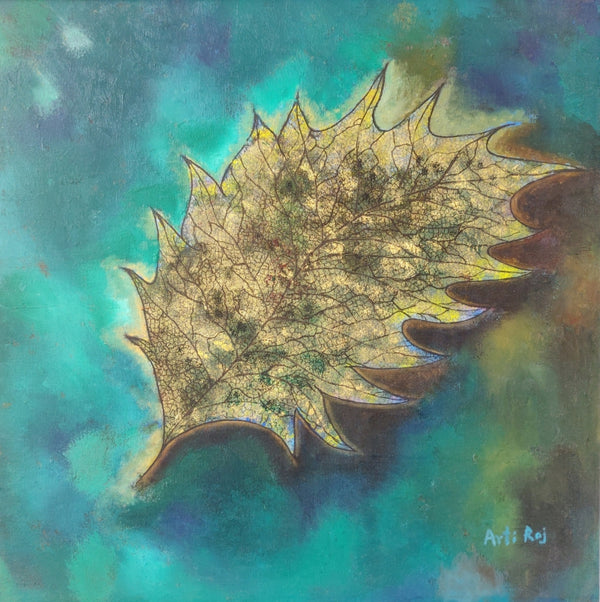 Nature mixed-media painting titled 'Floating Leaf Life Underneath', 24x24 inch, by artist Arti Raj on Canvas