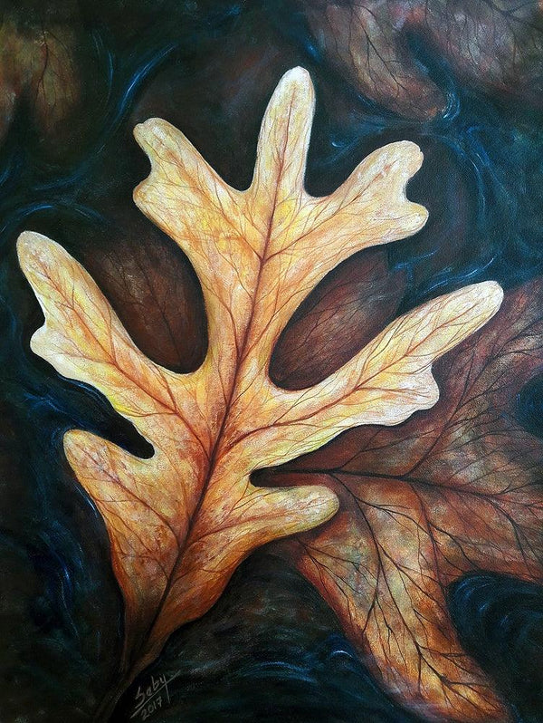 Nature acrylic painting titled 'Floating Leaves', 30x24 inches, by artist Seby Augustine on Canvas