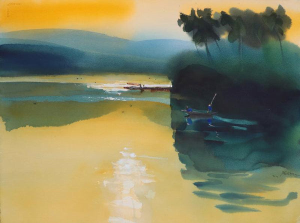 Seascape watercolor painting titled 'Floating Sunlight', 22x30 inches, by artist Prashant Prabhu on Arches Paper