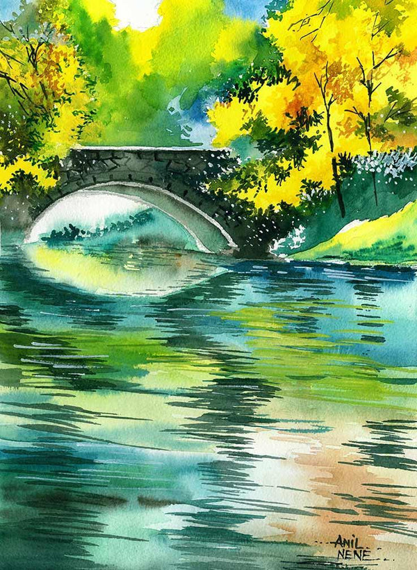 Landscape watercolor painting titled 'Floods R', 11x17 inches, by artist Anil Nene on Paper