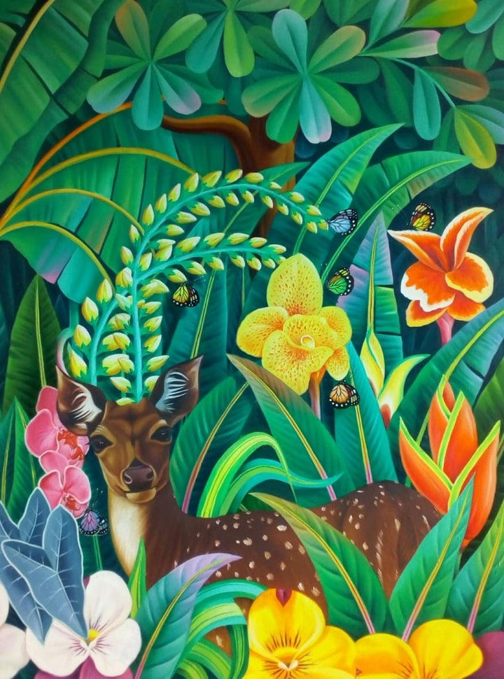 Animals oil painting titled 'Flora and Fauna', 48x36 inches, by artist Murali Nagapuzha on Canvas